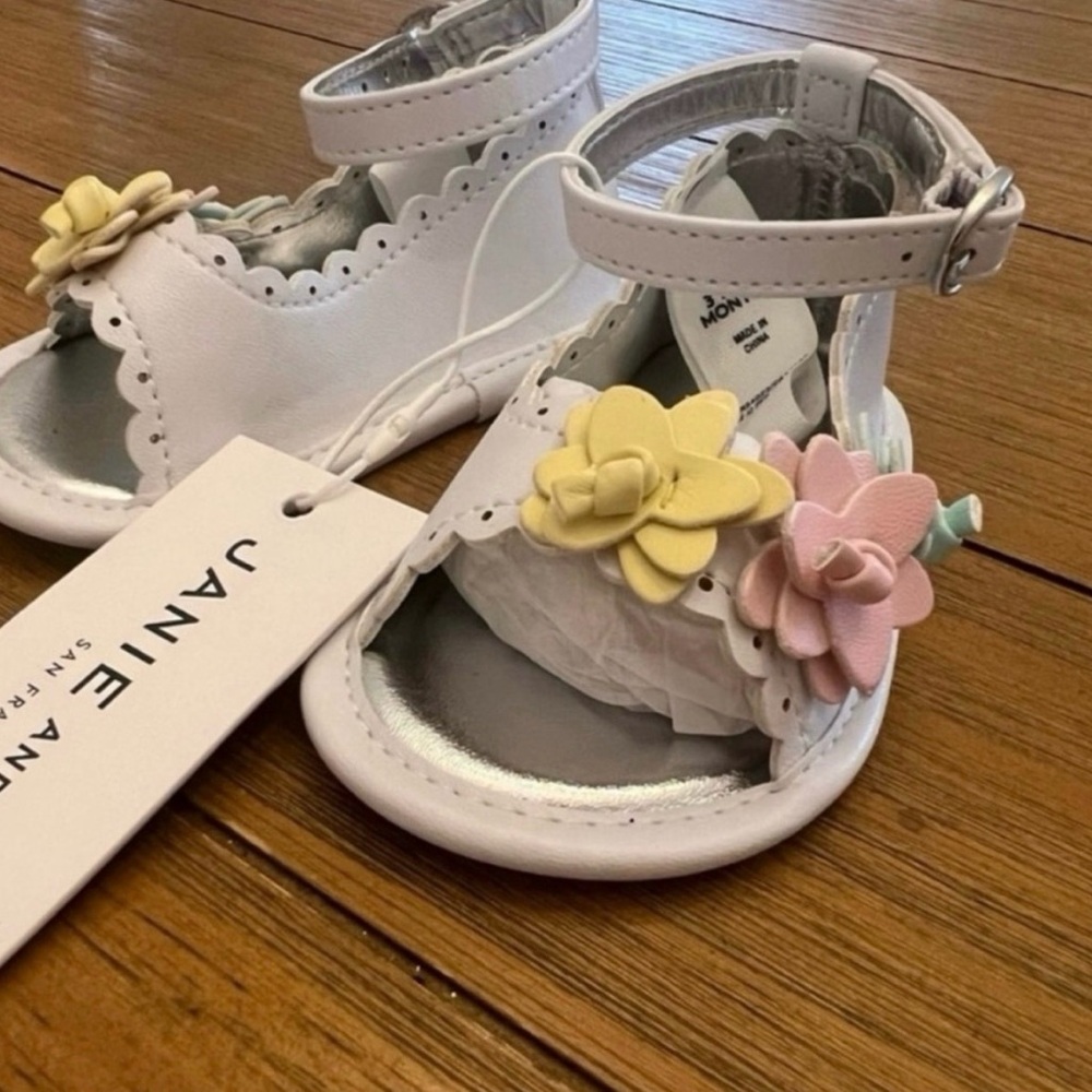 Janie and Jack White Sandals with Yellow and Pink Flowers, 3-6 Months